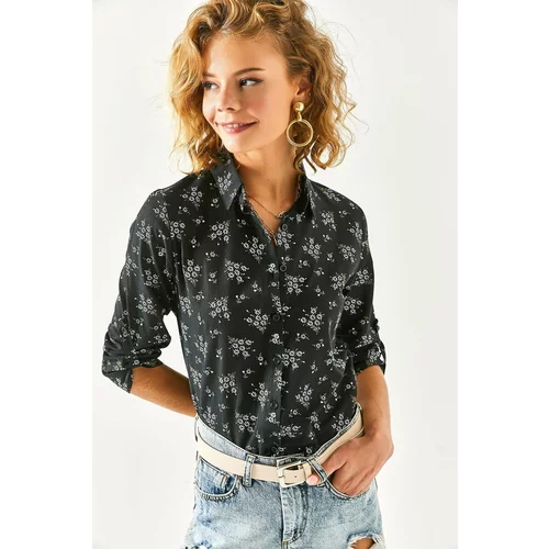 Olalook Women's Black Floral Foldable Linen Shirt with Sleeves