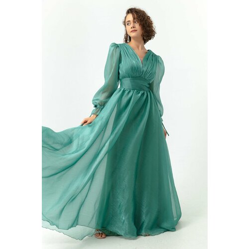 Lafaba Women's Mint Green Balloon Sleeve V-neck Long Evening Dress. Slike