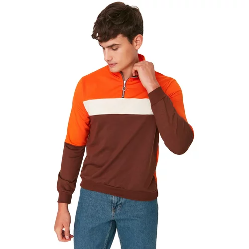 Trendyol Orange Men's Slim Fit Paneled Long Sleeved High Collar Zippered Sweatshirt