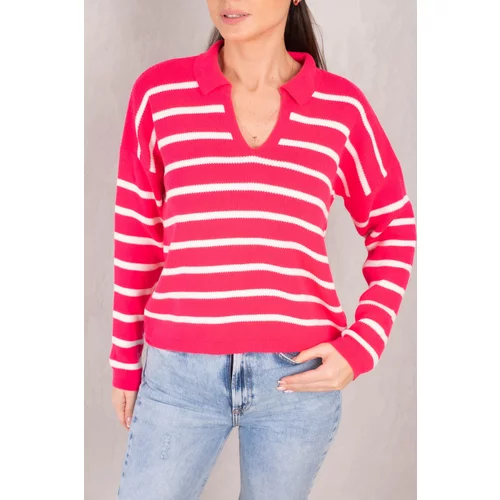 armonika Women's Light Fuchsia Striped Polo Neck Knitwear Sweater