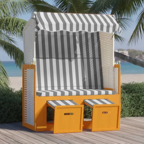 vidaXL stol za na plažo s streho poli ratan in trden les bel in siv