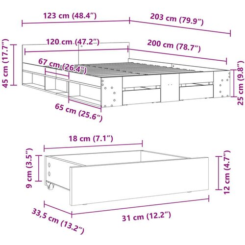 vidaXL Posteljni okvir s predali siva sonoma 120x200 cm inženirski les Cene