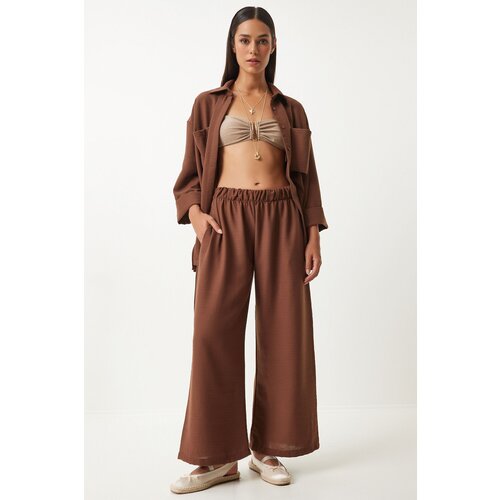 Happiness İstanbul Women&amp;#039;s Brown Wide Pocket Linen Blend Shirt and Trousers Set Slike