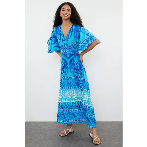 Trendyol Blue Ethnic Belted Patterned A-Line Double Breasted Collar Woven Dress Woven Dress