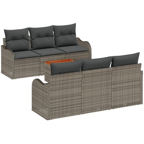 VidaXL 7-dijelni set sofe za vrt s jastučićima siva poli ratan akacija, 2-sjedna vrtna sofa s jastučićima siva poli ratan Slike