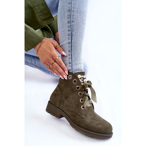 Boto Suede insulated boots with a zipper with pearls Green Raiso Cene