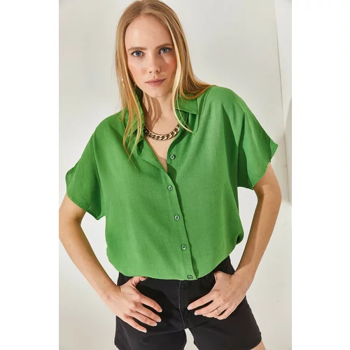 Olalook Women's Peanut Green Bat Oversized Linen Shirt