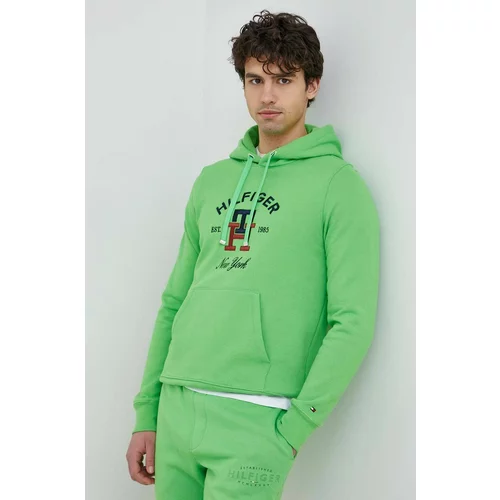 Tommy Hilfiger Bombažen pulover moška, zelena barva, s kapuco