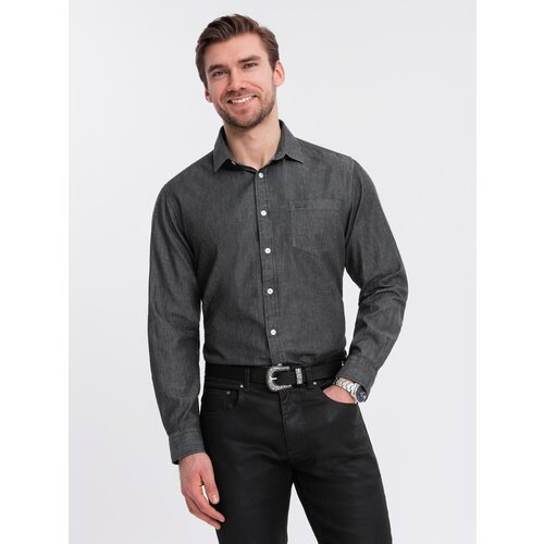 Ombre Men&amp;#039;s denim shirt with embroidered pocket - black Slike