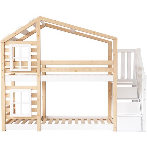Lumor Pogradna postelja 2x90x200 cm s tremi predali, oknom in streho, masivni les in Mdf, bela (brez vzmetnice), (22156773) Cene