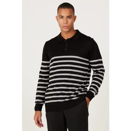 ALTINYILDIZ CLASSICS Men's Black-Anthracite Standard Fit Regular Fit Polo Neck Striped Knitwear Sweater