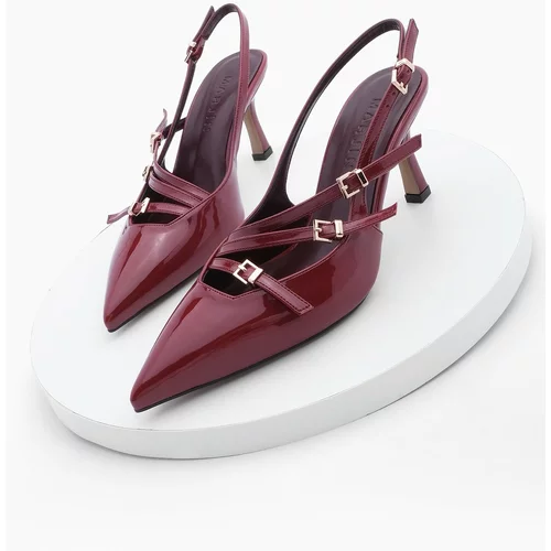 Marjin Women's Stiletto Pointed Toe Tri-Strip Belt Detail Open Back Heeled Shoes Bevil Burgundy Patent Leather