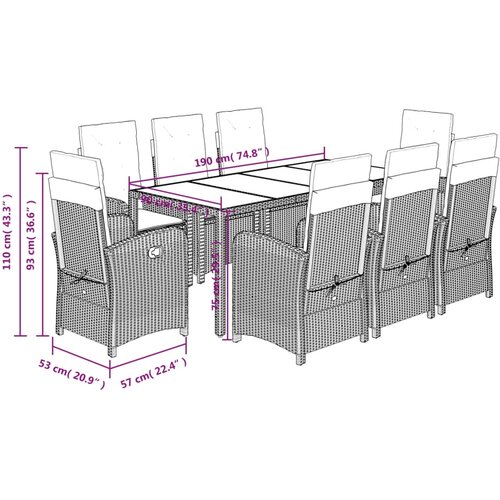  9-dijelni vrtni blagovaonski set s jastucima crni od poliratana Crna 190 cm table length Slike