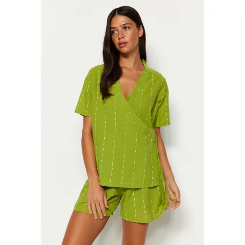 Trendyol Light Green Striped 100% Cotton Wide Fit T-shirt-Shorts, Woven Pajamas Set