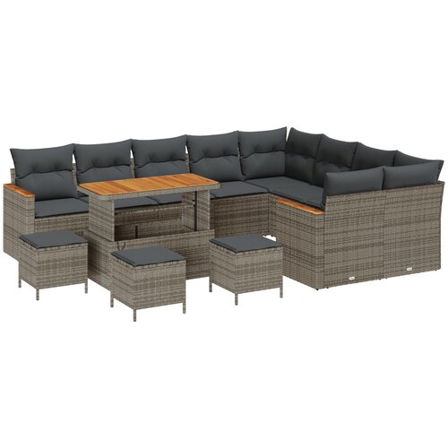 VidaXL 13-dijelni vrtni sofa set s jastučićima siva poli ratan akacija, 4-dijelni vrtni blagovaonski set s jastučićima siva poli ratan akacija Slike