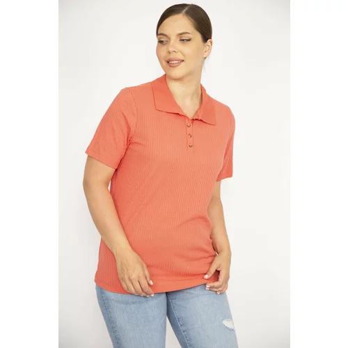Şans Women's Pomegranate Plus Size Polo Neck Front Pat Buttoned Camisole Fabric Short Sleeve Blouse
