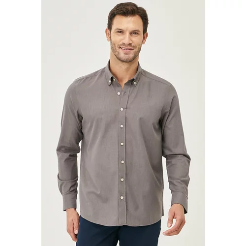 AC&Co / Altınyıldız Classics Men's Anthracite Tailored Slim Fit Oxford Buttoned Collar Linen-Looking 100% Cotton Flared Shirt.