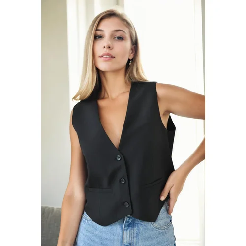 Dewberry 90619 Pocket Detailed 3 Button Lined Women Vest-BLACK