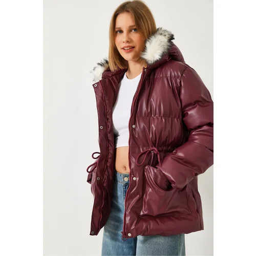 Bianco Lucci Women's Furry Hooded Puffer Leather Coat