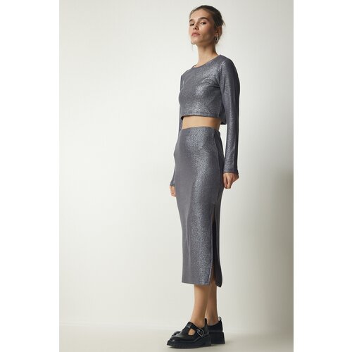 Happiness İstanbul Women's Gray Shimmer Corduroy Crop Skirt Set Slike