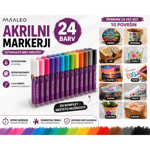  Akrilni markerji 24 kosov &amp;ndash; vodoodporni markerji za kamen, les, steklo, keramiko, platno in papir, 4 mm Slike