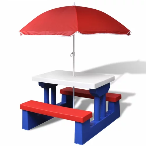 vidaXL Dječji stol i klupa za piknik sa suncobranom višebojni