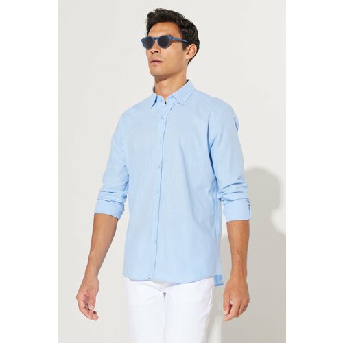AC&Co / Altınyıldız Classics Men's Blue Tailored Slim Fit Slim-fit Oxford Buttoned Collar Linen-Looking 100% Cotton Flared Shirt. Slike