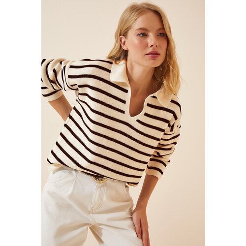 Women's Bone Polo Collar Crop Knitwear Sweater Cene