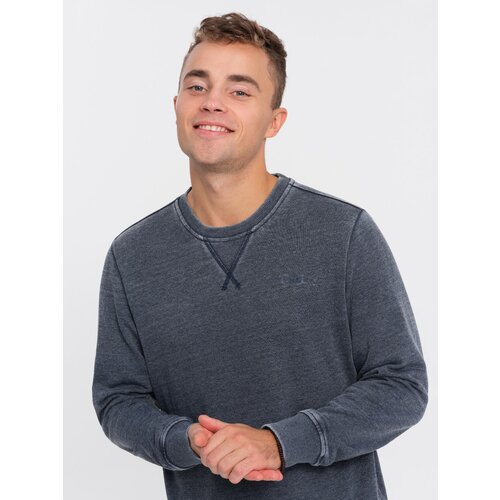 Ombre Washed men's sweatshirt with decorative stitching at the neckline - navy blue Slike