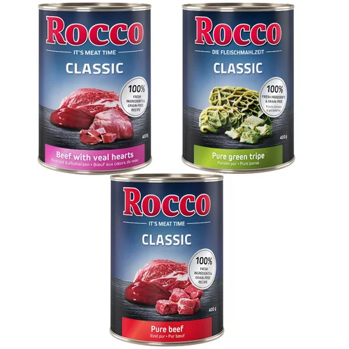 Rocco Classic probno miješano pakiranje 6 x 400 g - Goveđi Mix: Čista govedina / Govedina i teleće srce / Govedina i burag