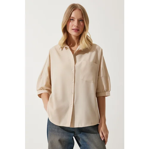  Women's Cream Balloon Sleeve Poplin Shirt