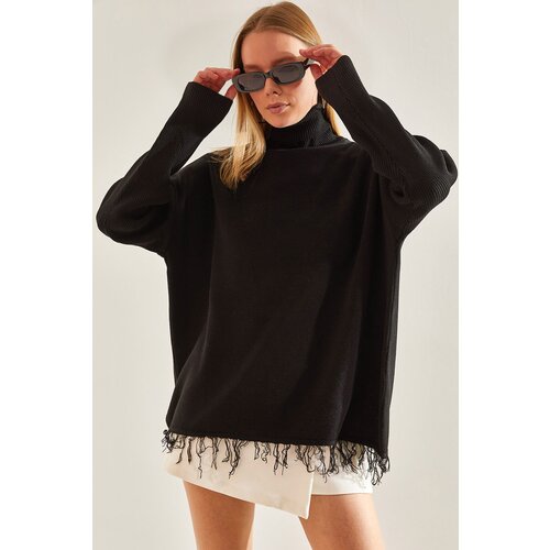 Bianco Lucci Women&amp;#039;s Turtleneck Fringed Knitwear Blouse Slike