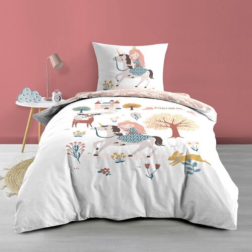 Douceur d int&amp;eacute;rieur Bijela/ružičasta pamučna dječja posteljina za krevet za jednu osobu 140x200 cm Lilibelle &amp;ndash; Slike
