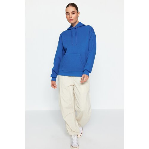 Trendyol Sax Hoody with a Printed Back Oversized/Wide-Wide Fit Fleece Inside Knitted Sweatshirt Slike