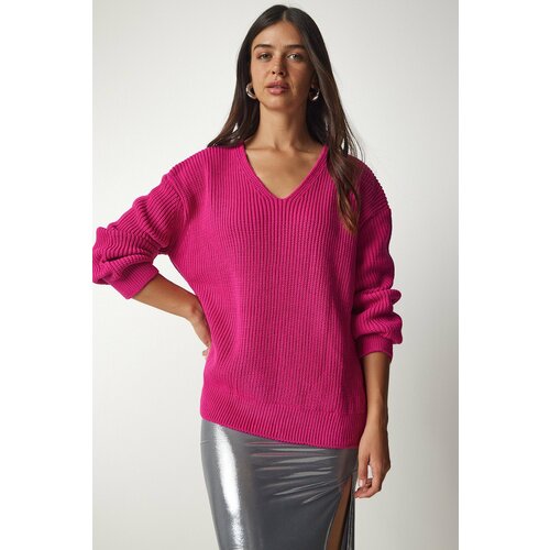Happiness İstanbul Women's Pink V-Neck Oversize Basic Knitwear Sweater Slike