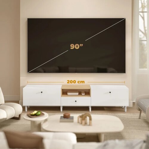  TV ormarić 200 cm za televizore do 90 inča 2 pretinca s preklopima otvoreni pretinac ladica 8 nogu iverica bijela Slike