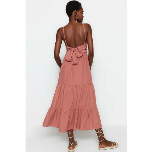 Trendyol Dried Rose Skirt Flounce Back Tie Detailed Strappy Midi Woven Dress