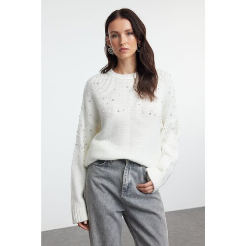 Trendyol Ecru Stone Embroidered Knitted Sweater Slike