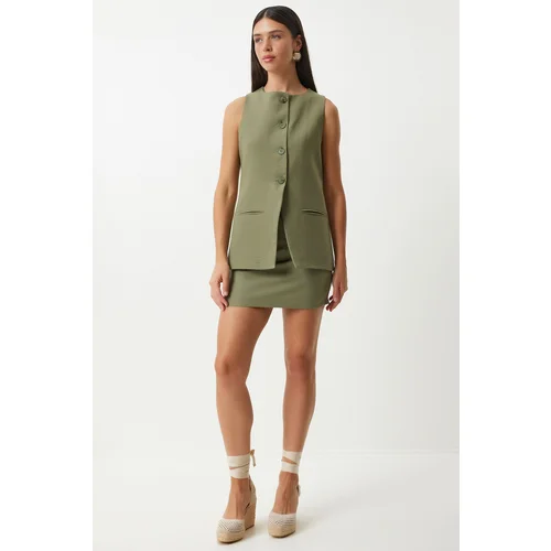 Happiness İstanbul Women's Khaki Sleeveless Vest Mini Skirt Woven Suit