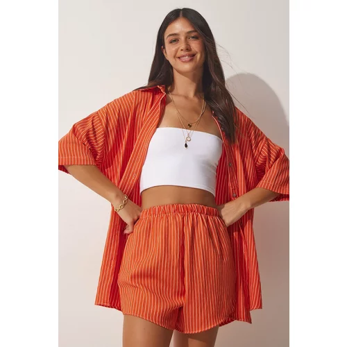 Happiness İstanbul Women's Orange Striped Shirt and Shorts Set