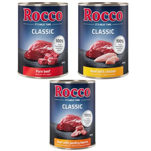 Rocco Classic probno miješano pakiranje 6 x 400 g - Top Mix: Čista govedina / Govedina sa srcem peradi / Govedina s piletinom