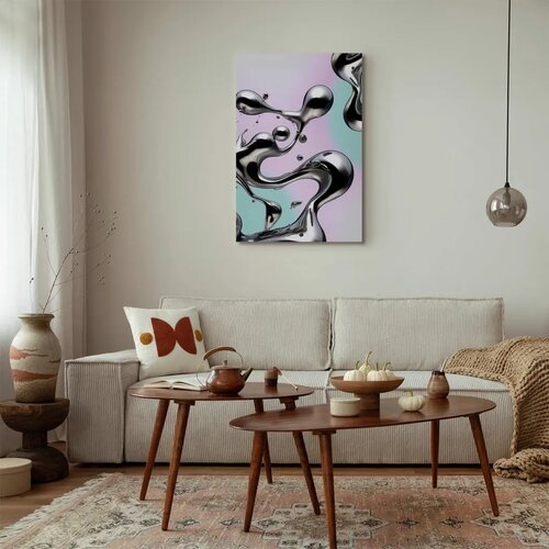  Slika - Metallic Fluidity - Abstract Silver Forms on a Mint-Purple Background 20x30 Cene