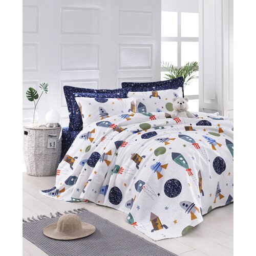 Spacex - dark blue dark bluewhitegreenredbrown single pique & pillowcase set Slike