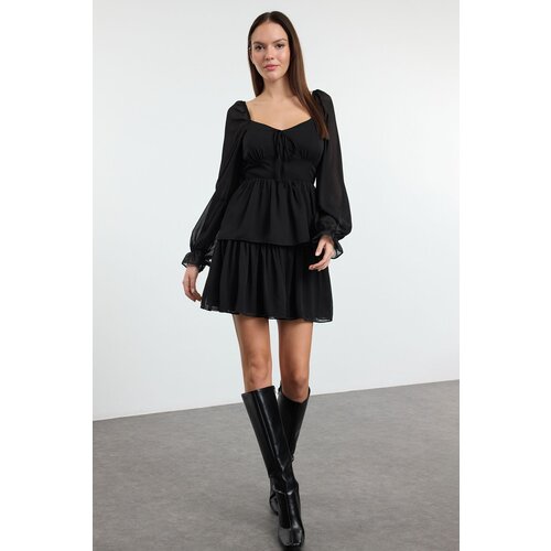Trendyol Black Ruffle Mini Chiffon Lined Woven Dress Slike