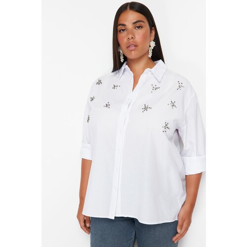 Trendyol Curve White Large Size Stone Embroidered Poplin Woven Shirt Cene