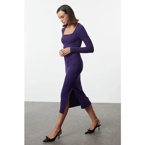 Trendyol Purple Ribbed Square Neck Fitted Long Sleeve Slit Midi Dress