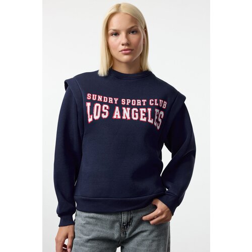 Trendyol Navy Blue Slogan Printed Oversize/Wide Pattern Thick Polar Fleece Knitted Sweatshirt Slike