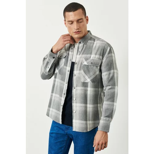 ALTINYILDIZ CLASSICS Men's Grey-white Oversize Wide Cut Buttoned Collar Plaid Patterned Lumberjack Shirt Jacket