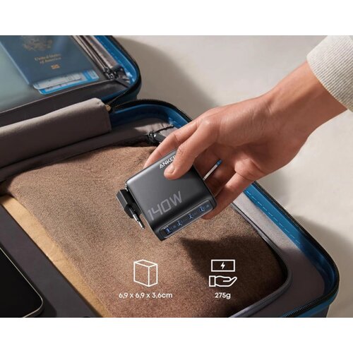 Anker 140W GaN zidni brzi punjač, 4-porta (3x USB-C, 1x USB-A) sa USB-C M/M pletenim kablom, tamno sivi Slike