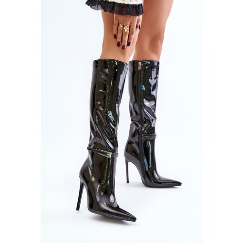 Kesi Patent Leather Insulated Stiletto Heel Boots with Buckle Black Tameliae Slike